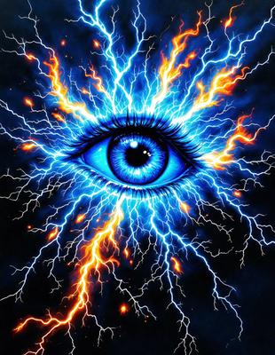 The primary subject of the image is a blue eye with a yellow background. The eye is surrounded by a blue and yellow lightning bolt pattern, giving the image a vibrant and dynamic appearance. The visual style of the image is digital art, as it features a detailed and intricate design. The colors and mood of the image are energetic and lively, with the blue eye and yellow lightning bolt pattern creating a sense of movement and dynamism.